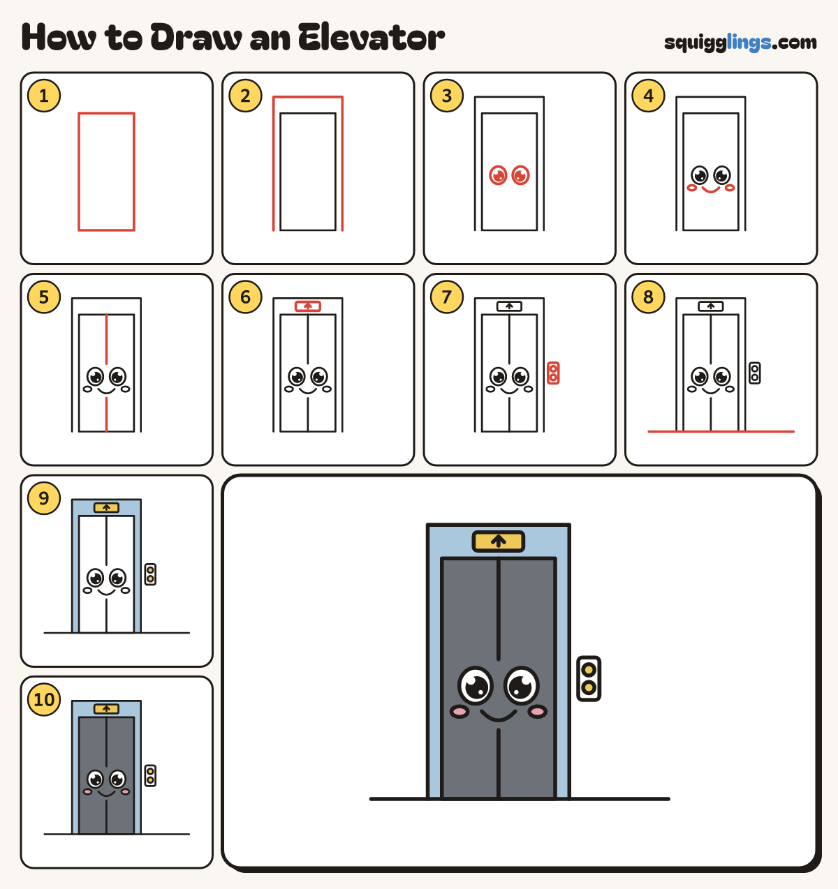 How to Draw an Elevator step by step: all 10 steps in one picture