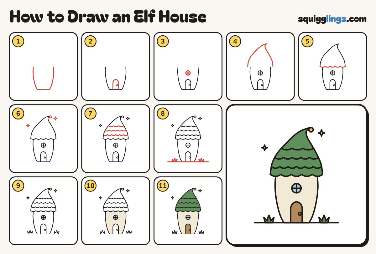 How to Draw an Elf House step by step: all 11 steps in one picture