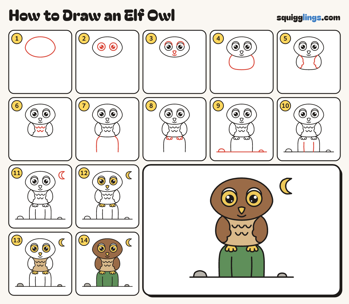 How to Draw an Elf Owl step by step: all 14 steps in one picture