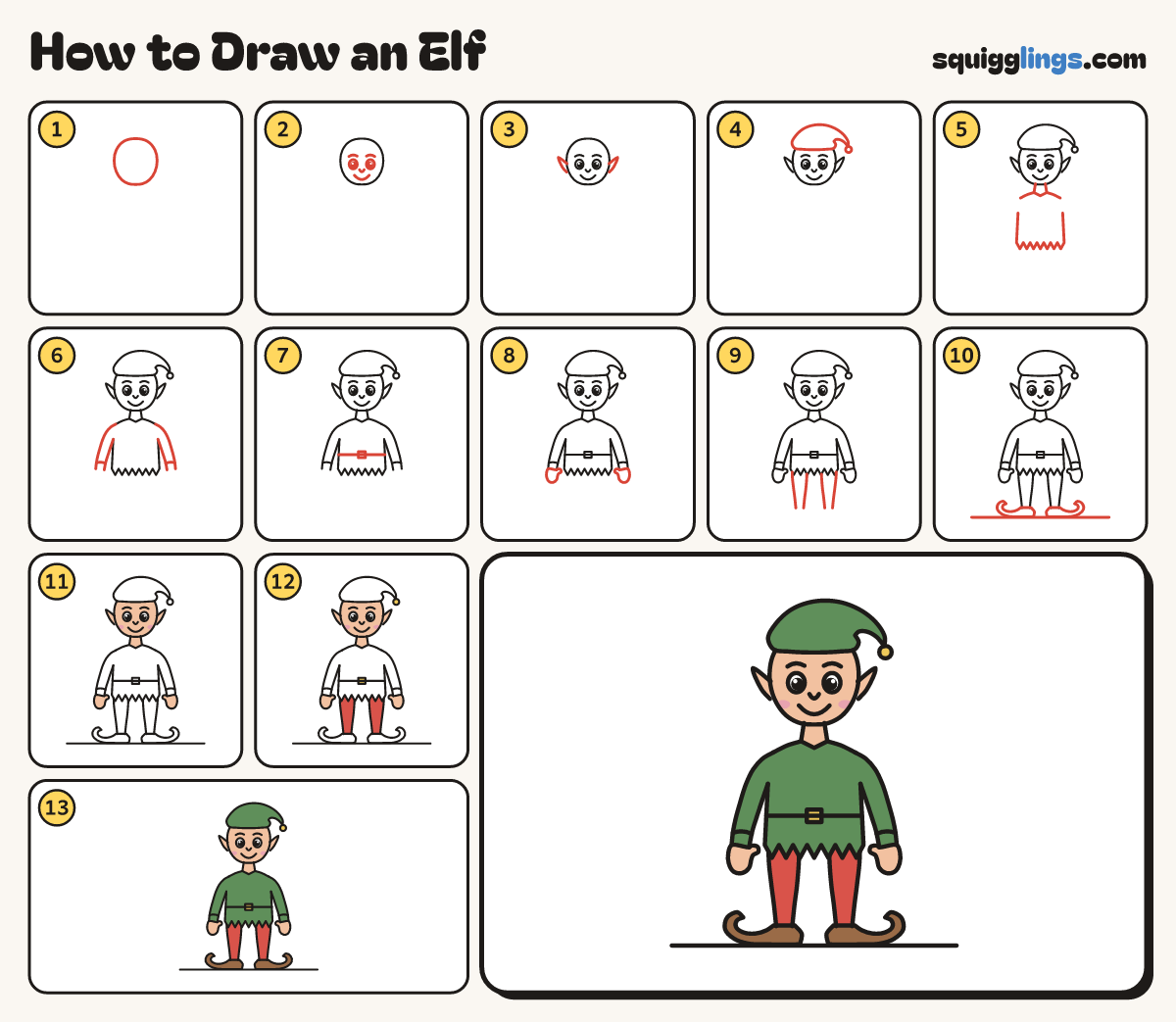 How to Draw an Elf step by step: all 13 steps in one picture