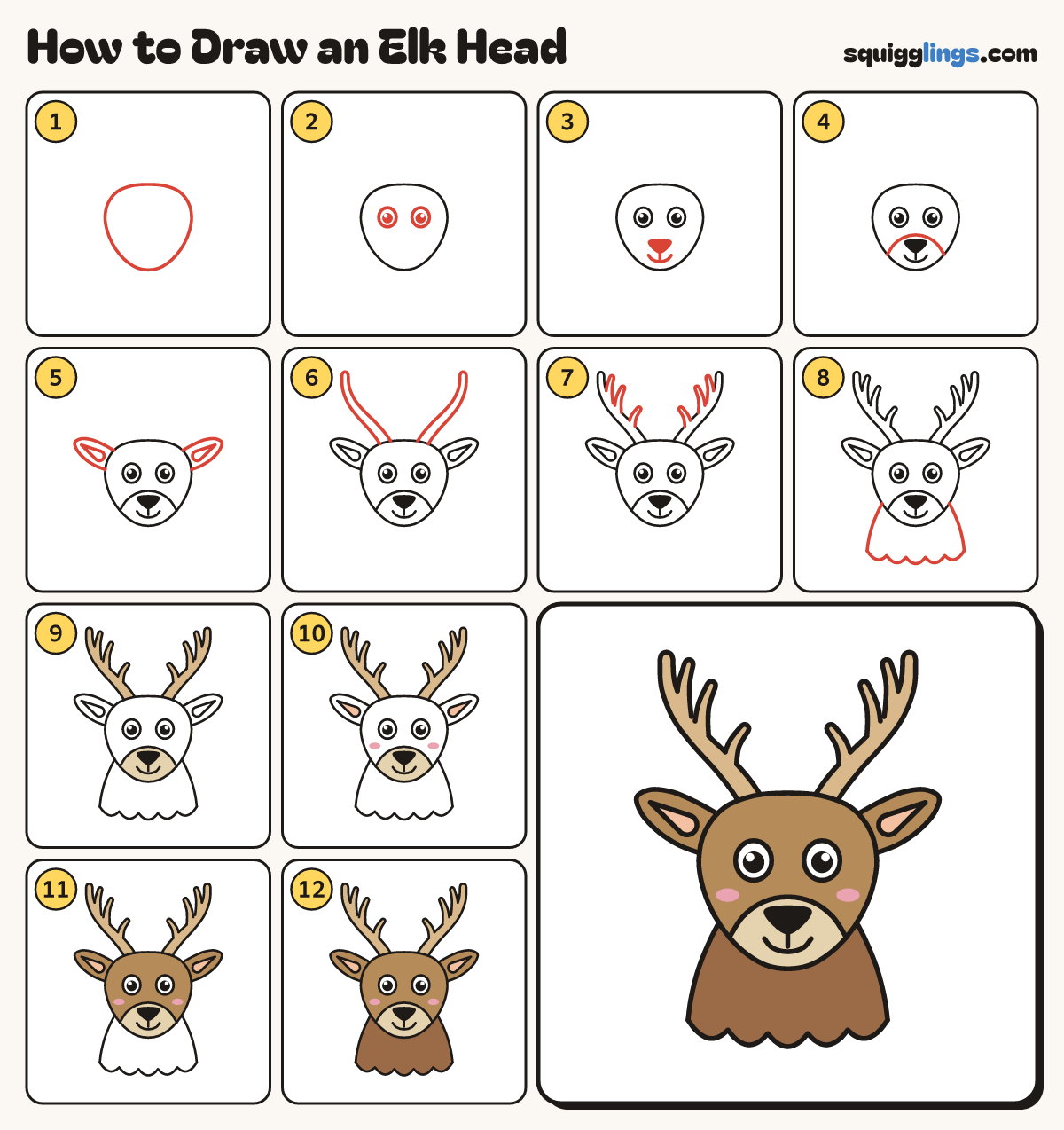 How to Draw an Elk Head step by step: all 12 steps in one picture