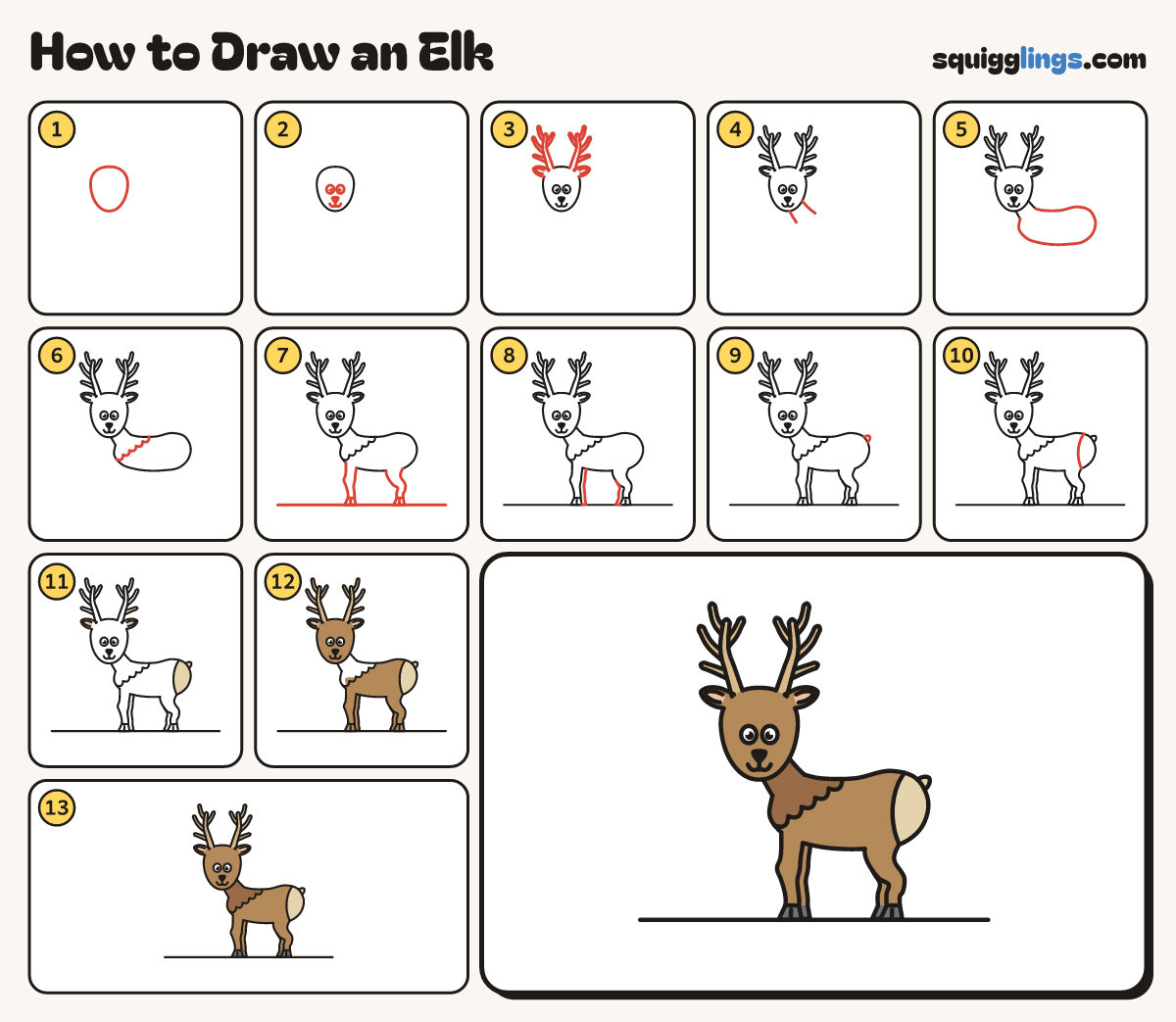 How to Draw an Elk step by step: all 13 steps in one picture