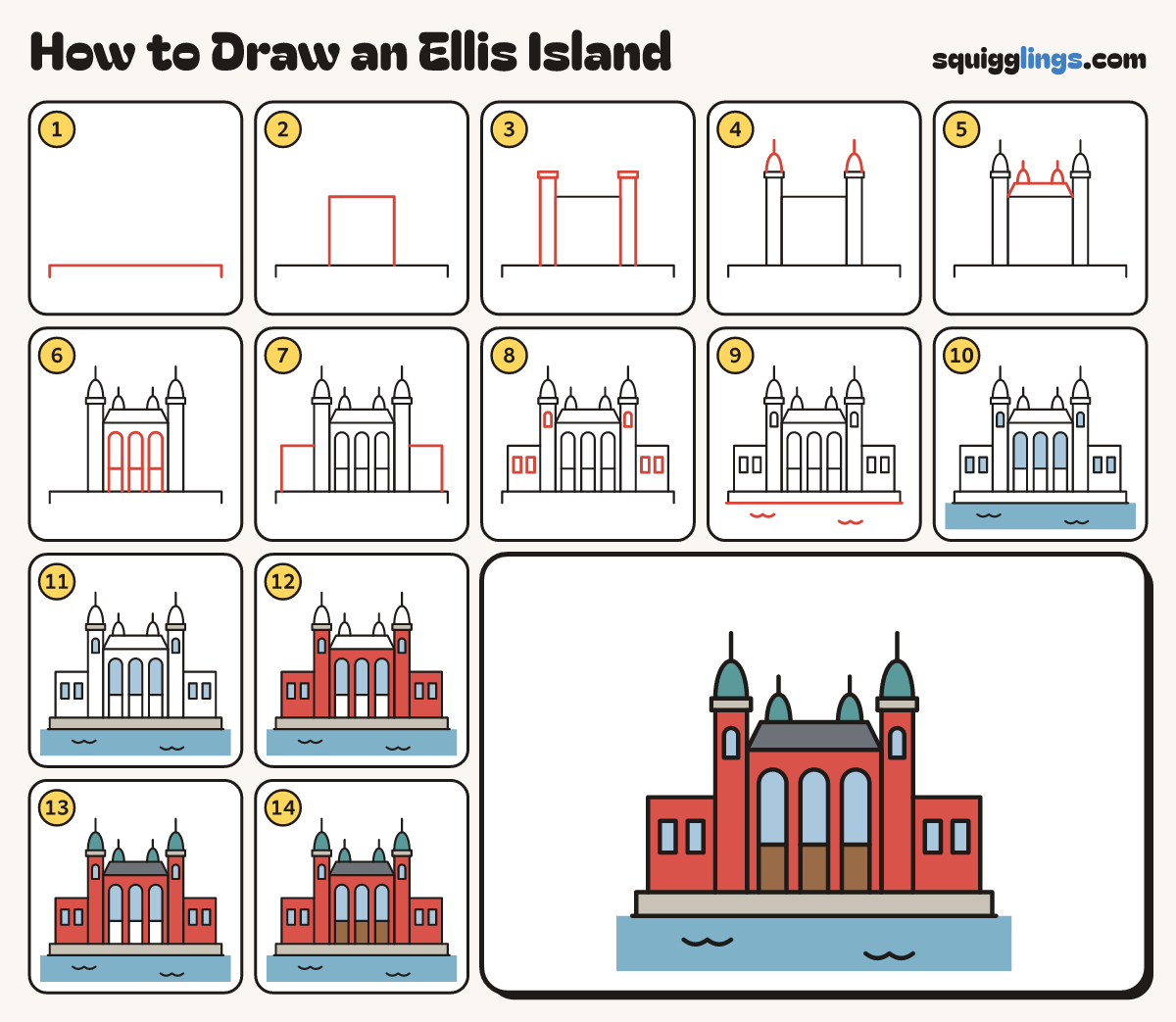 How to Draw an Ellis Island step by step: all 14 steps in one picture