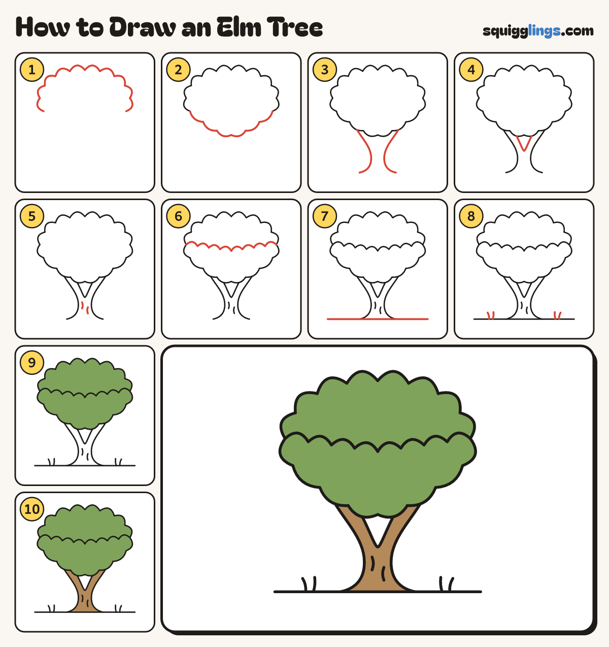 How to Draw an Elm Tree step by step: all 10 steps in one picture