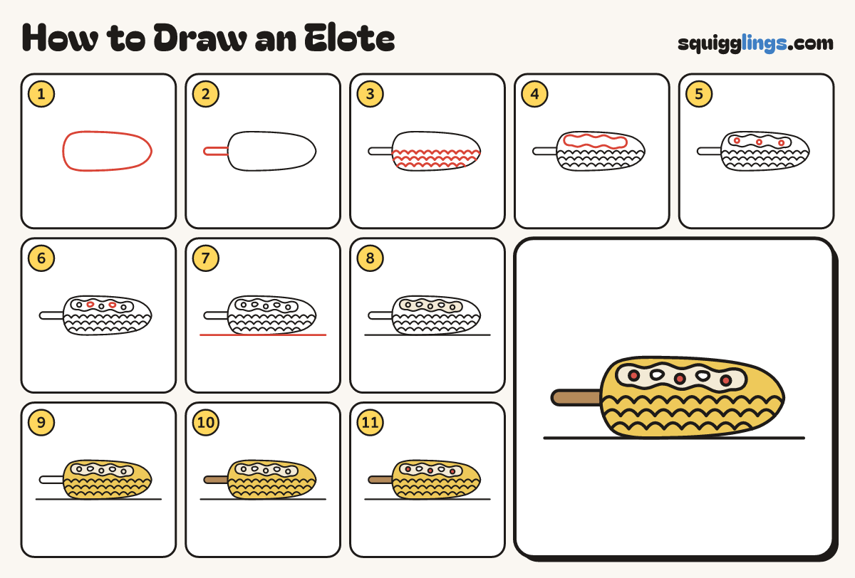 How to Draw an Elote step by step: all 11 steps in one picture