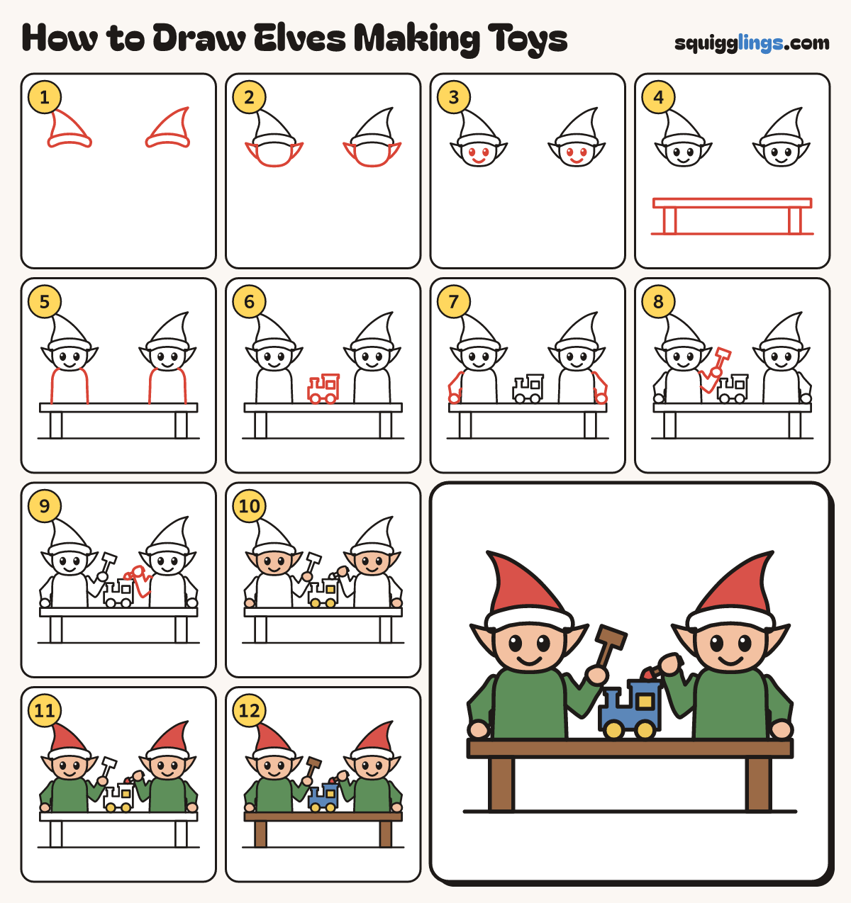 How to Draw Elves Making Toys step by step: all 12 steps in one picture