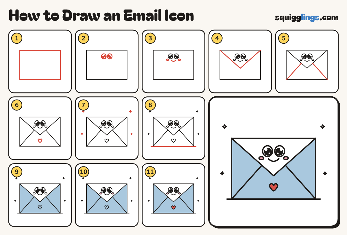 How to Draw an Email Icon step by step: all 11 steps in one picture