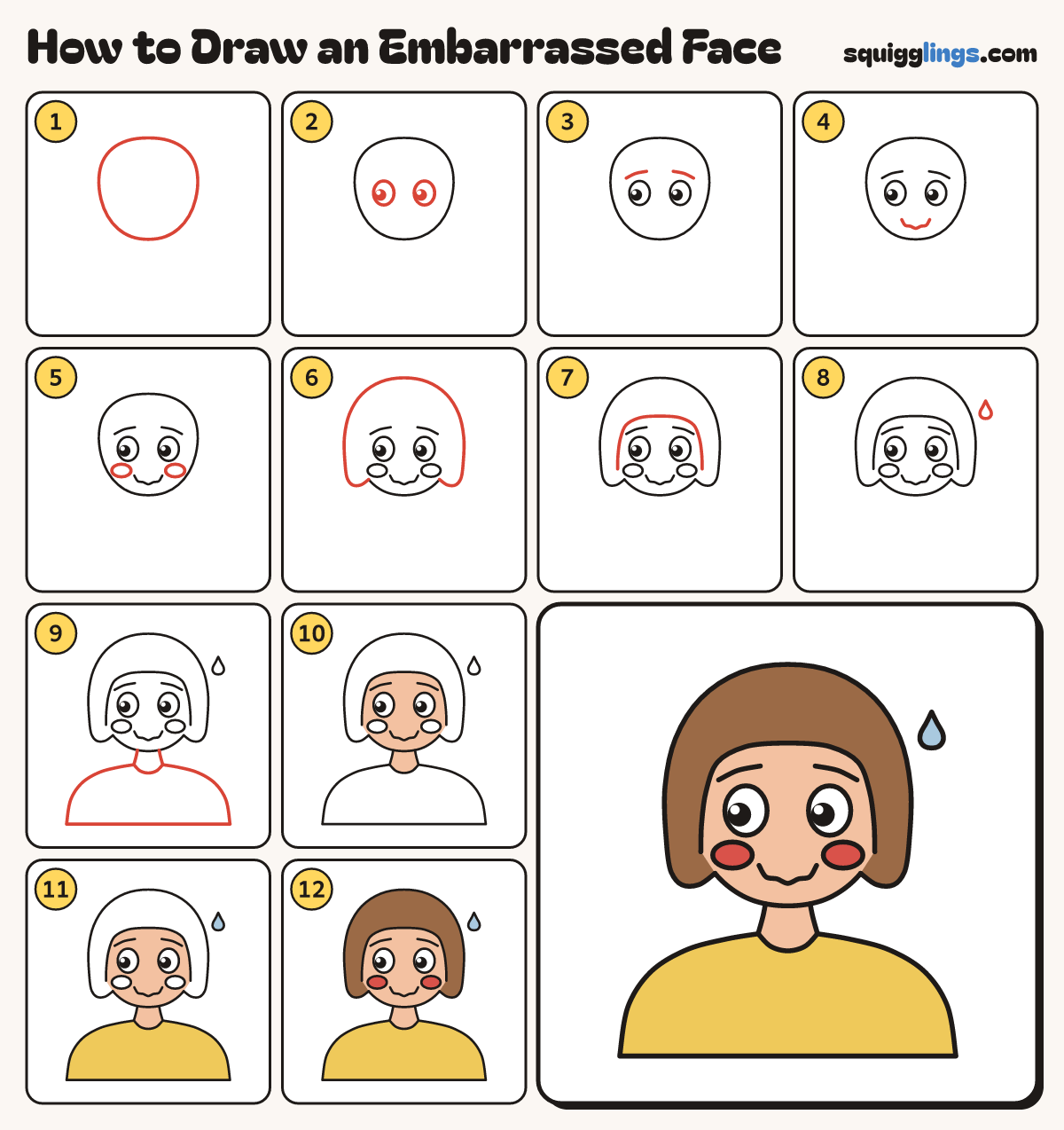 How to Draw an Embarrassed Face step by step: all 12 steps in one picture