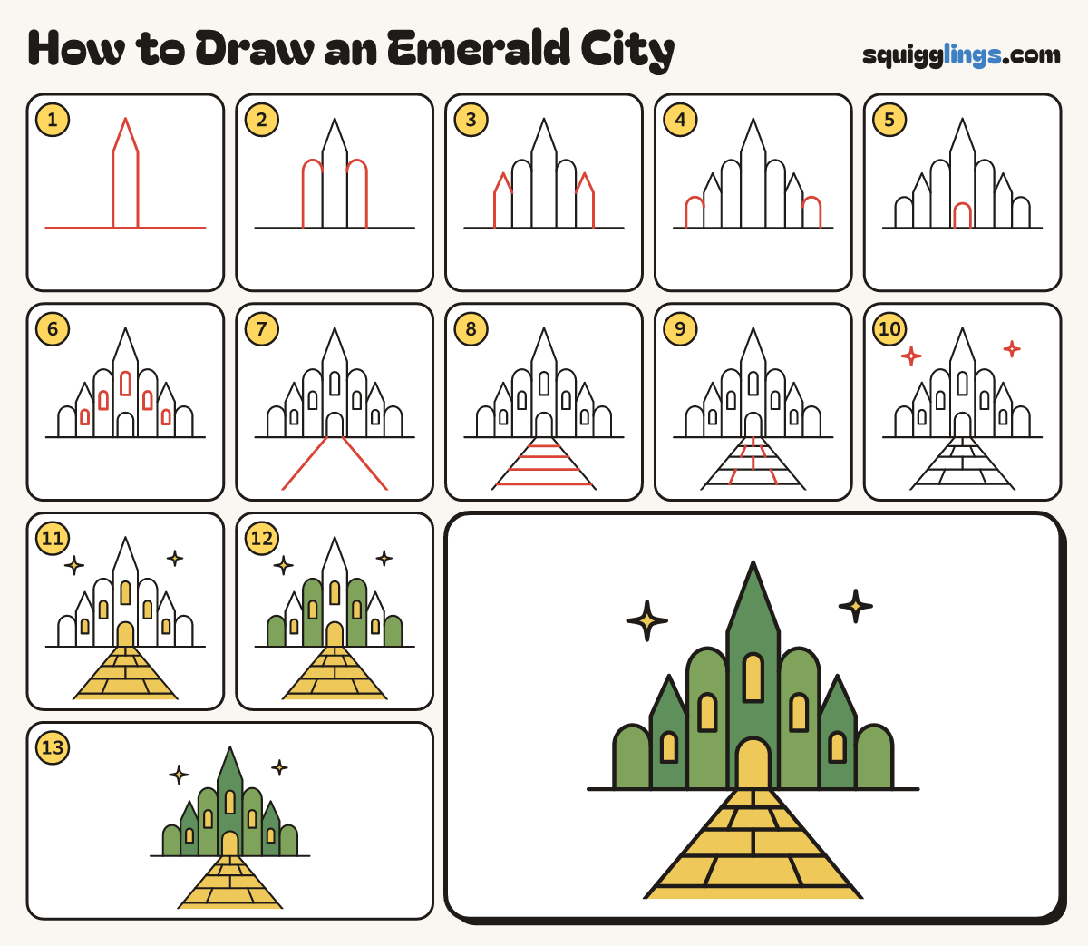 How to Draw an Emerald City step by step: all 13 steps in one picture