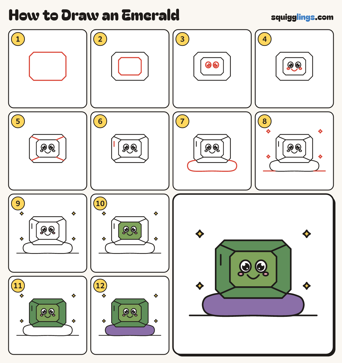 How to Draw an Emerald step by step: all 12 steps in one picture