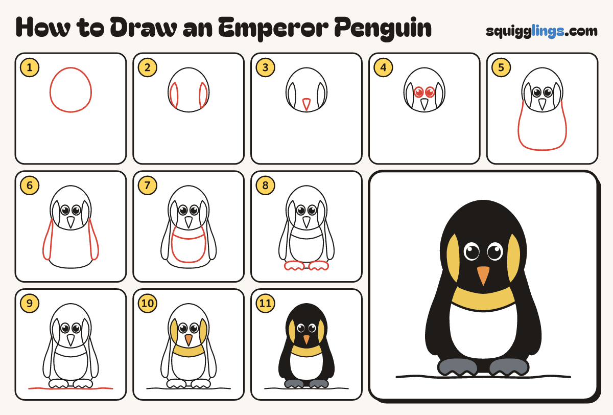 How to Draw an Emperor Penguin step by step: all 11 steps in one picture