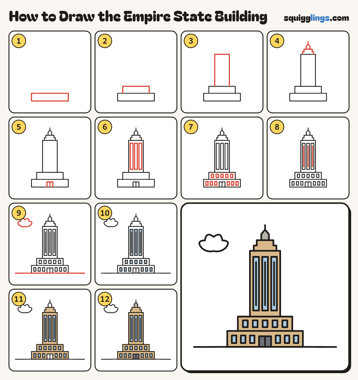 How to Draw the Empire State Building step by step: all 12 steps in one picture