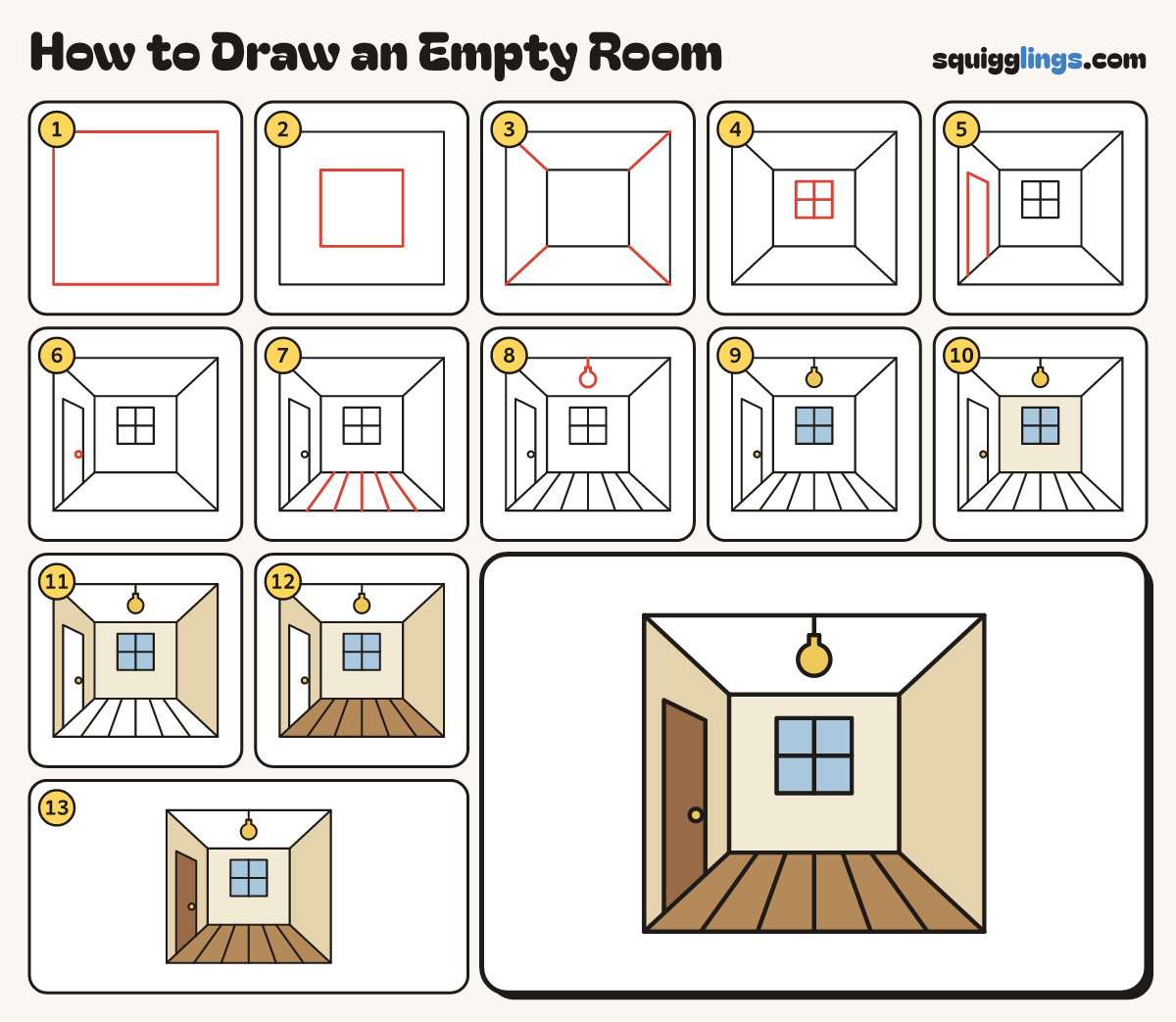 How to Draw an Empty Room step by step: all 13 steps in one picture