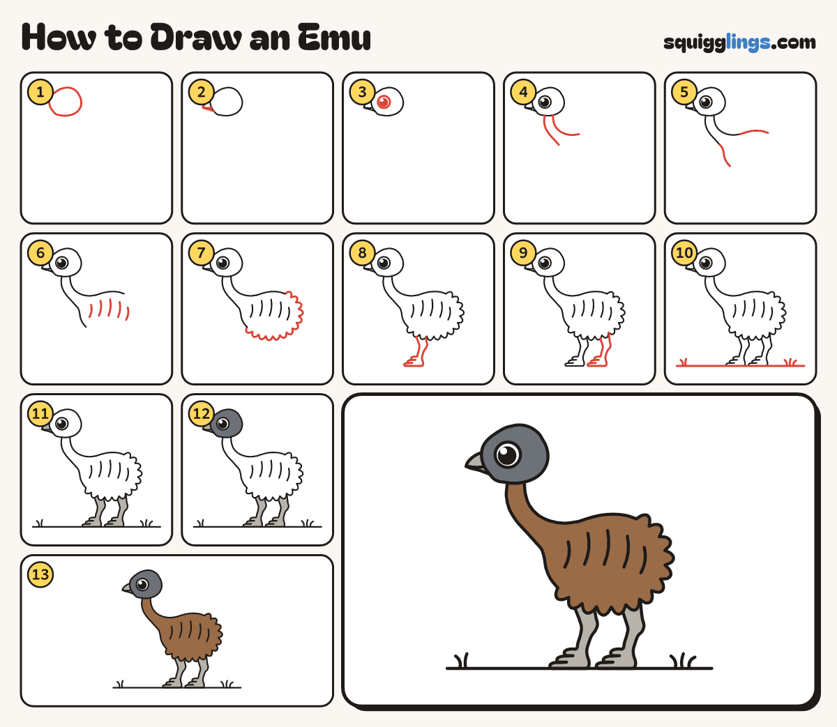 How to Draw an Emu step by step: all 13 steps in one picture
