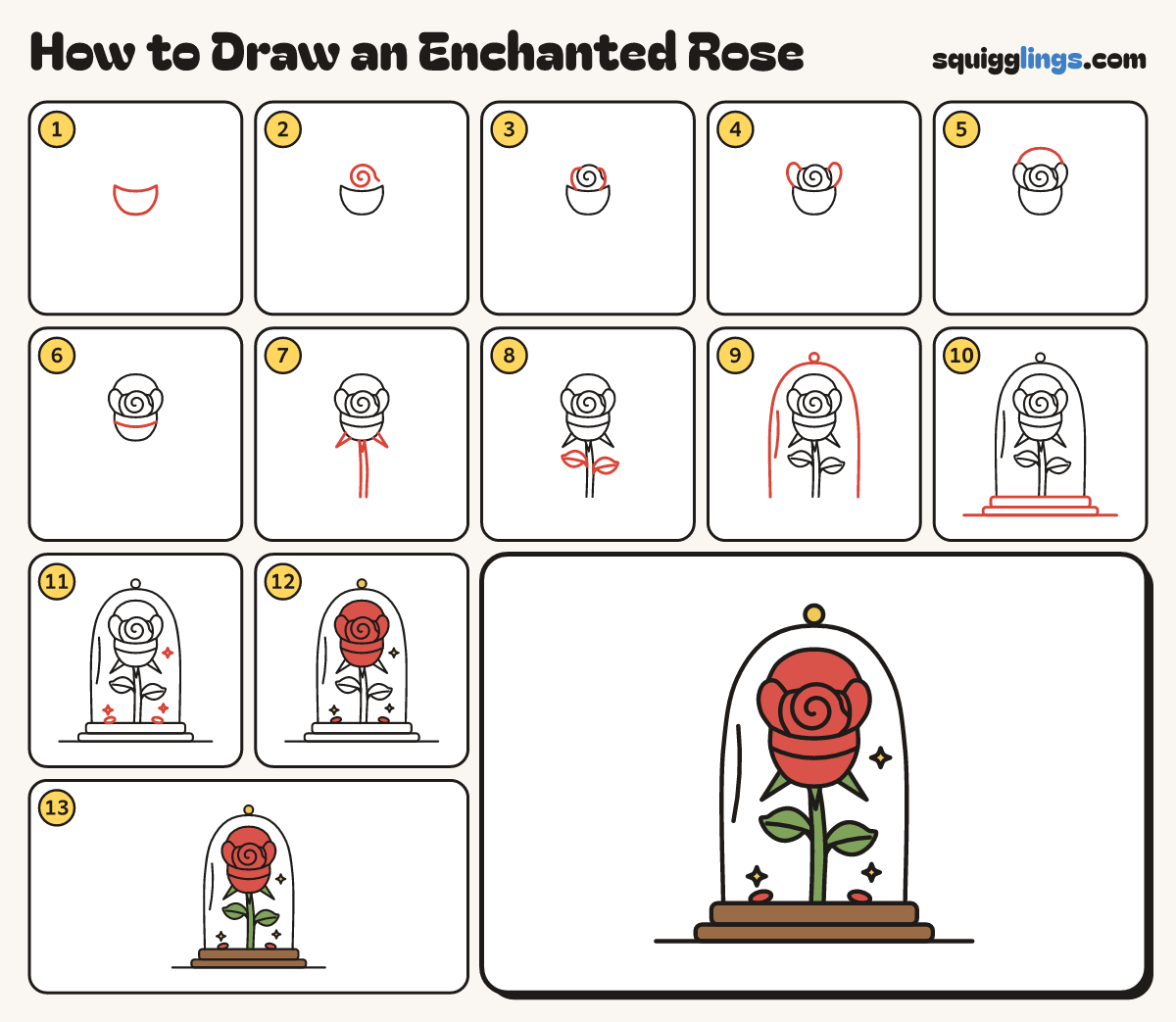 How to Draw an Enchanted Rose step by step: all 13 steps in one picture