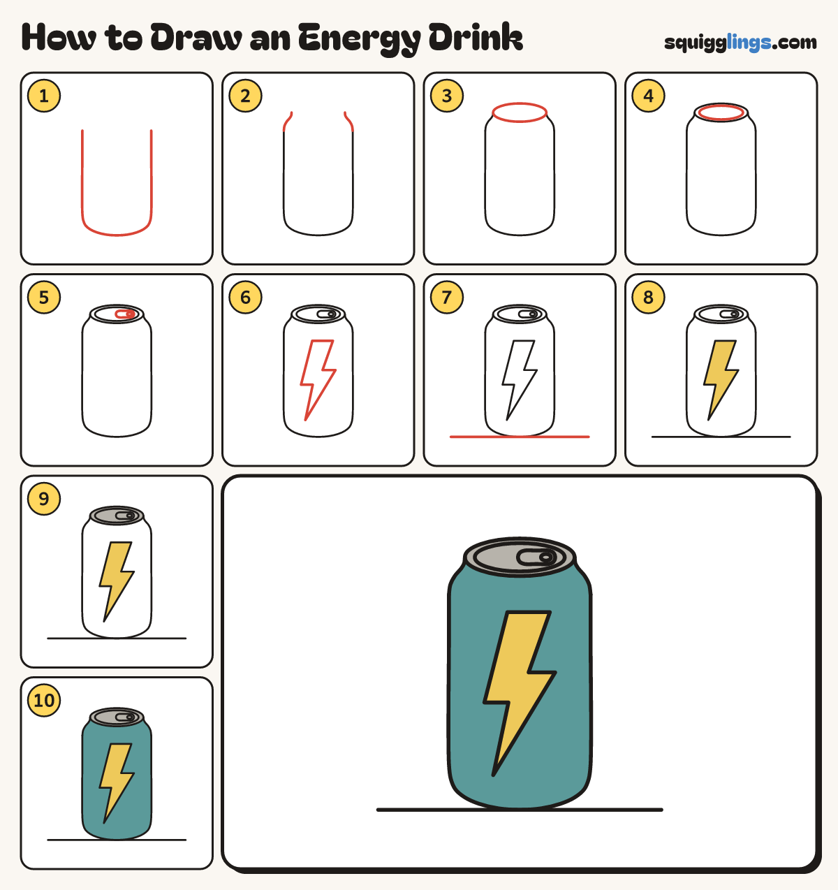 How to Draw an Energy Drink step by step: all 10 steps in one picture