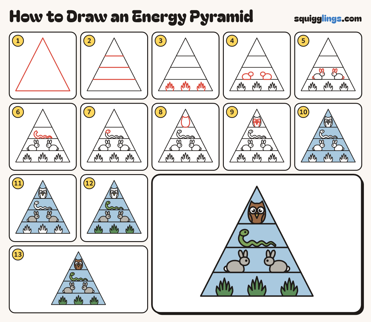 How to Draw an Energy Pyramid step by step: all 13 steps in one picture
