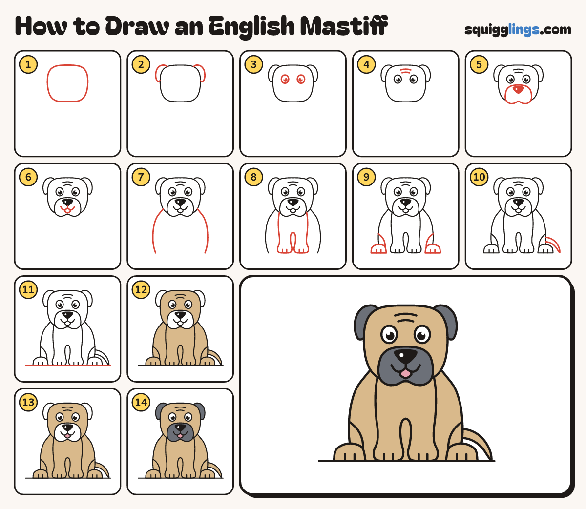 How to Draw an English Mastiff step by step: all 14 steps in one picture