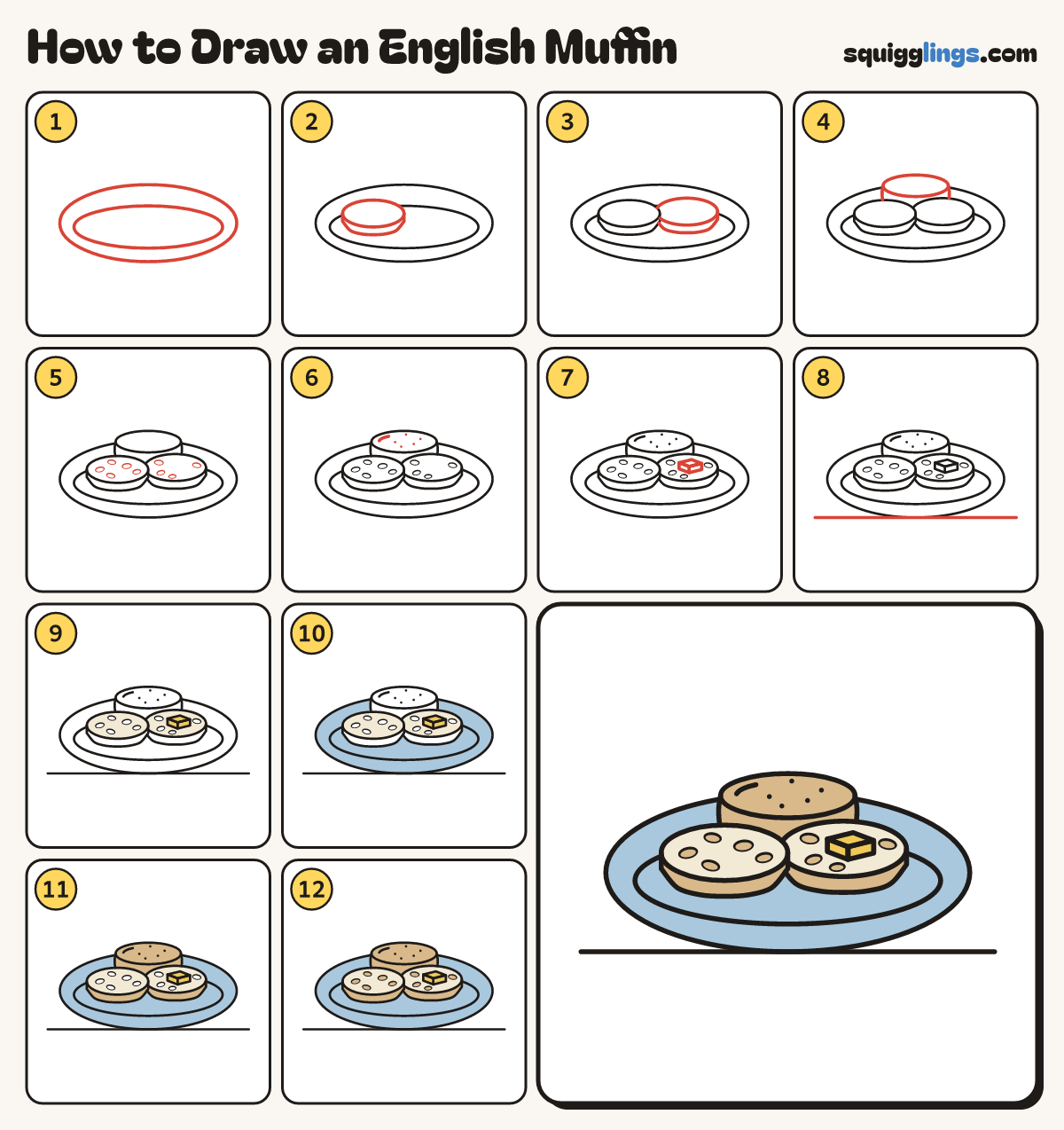 How to Draw an English Muffin step by step: all 12 steps in one picture