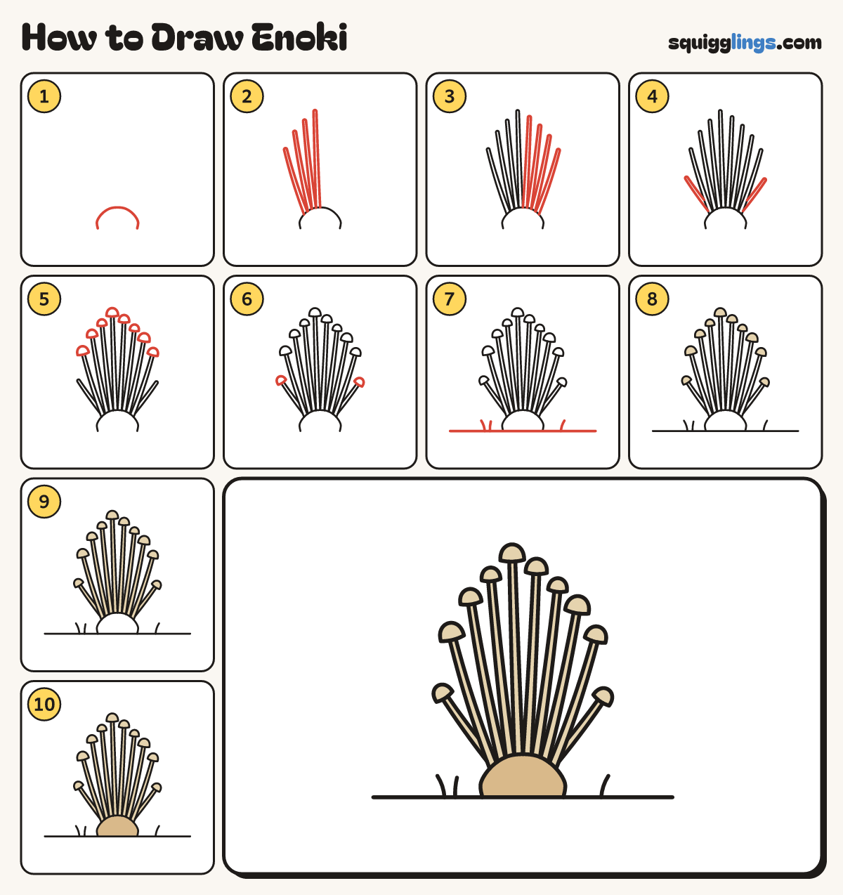 How to Draw Enoki step by step: all 10 steps in one picture