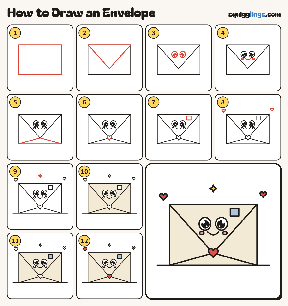 How to Draw an Envelope step by step: all 12 steps in one picture