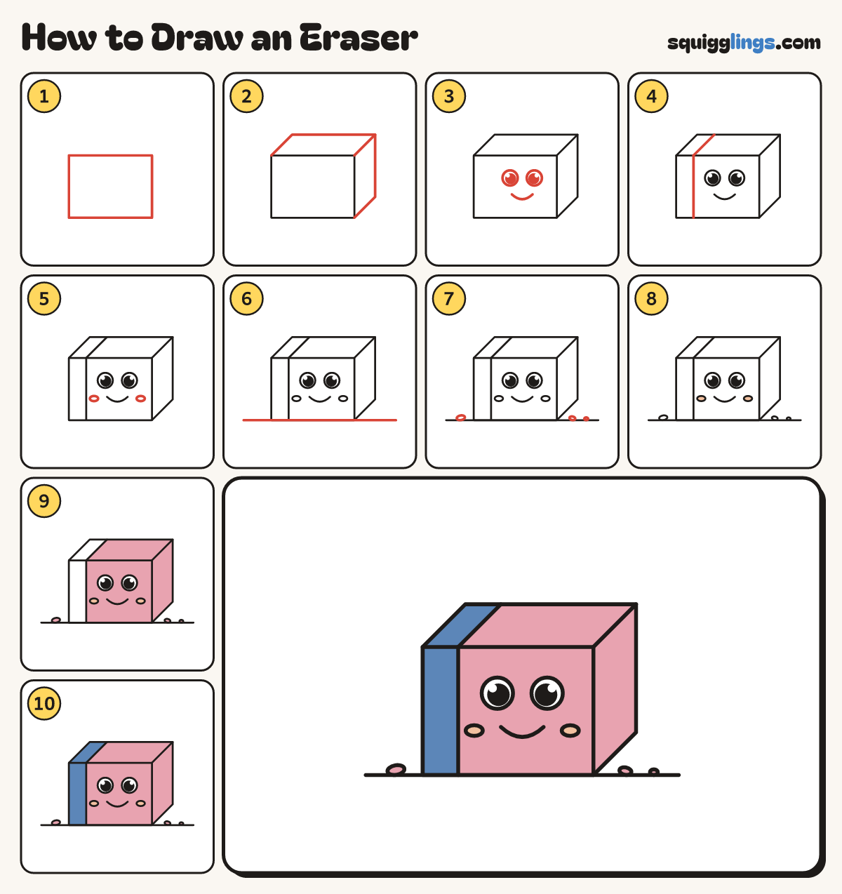 How to Draw an Eraser step by step: all 10 steps in one picture
