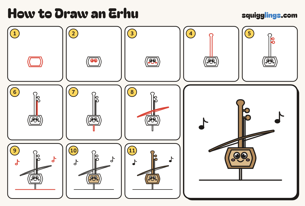 How to Draw an Erhu step by step: all 11 steps in one picture