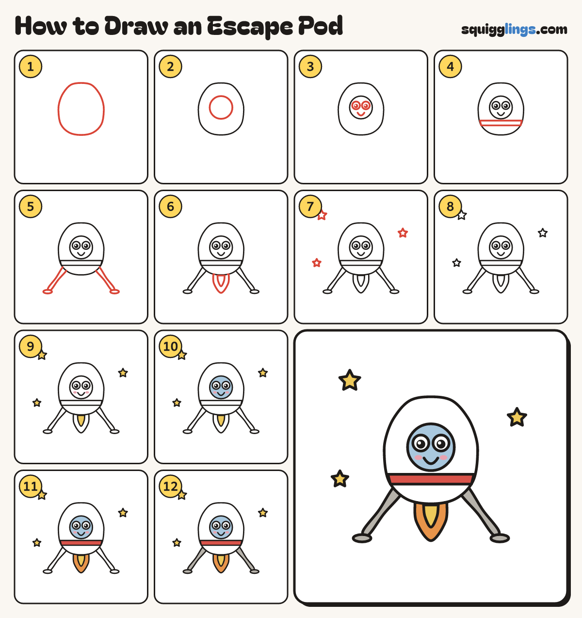 How to Draw an Escape Pod step by step: all 12 steps in one picture