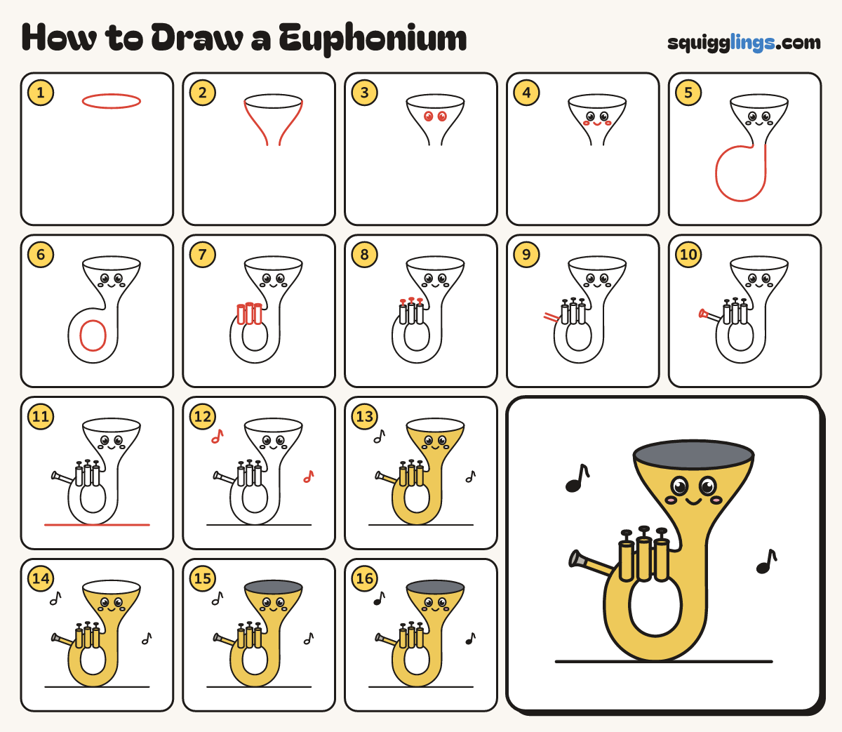 How to Draw a Euphonium step by step: all 16 steps in one picture