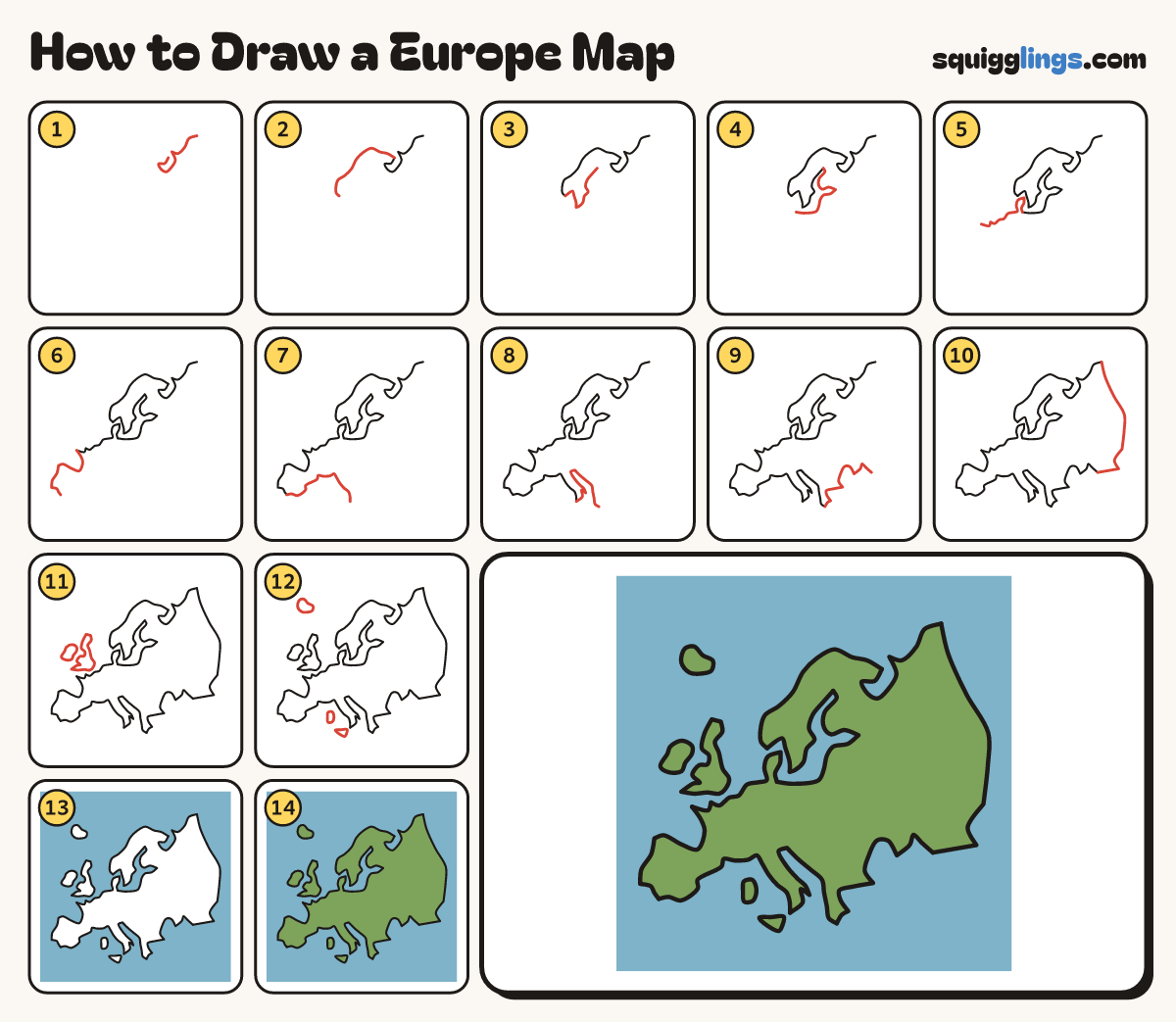 How to Draw a Europe Map step by step: all 14 steps in one picture