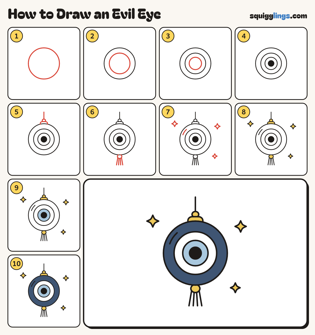 How to Draw an Evil Eye step by step: all 10 steps in one picture
