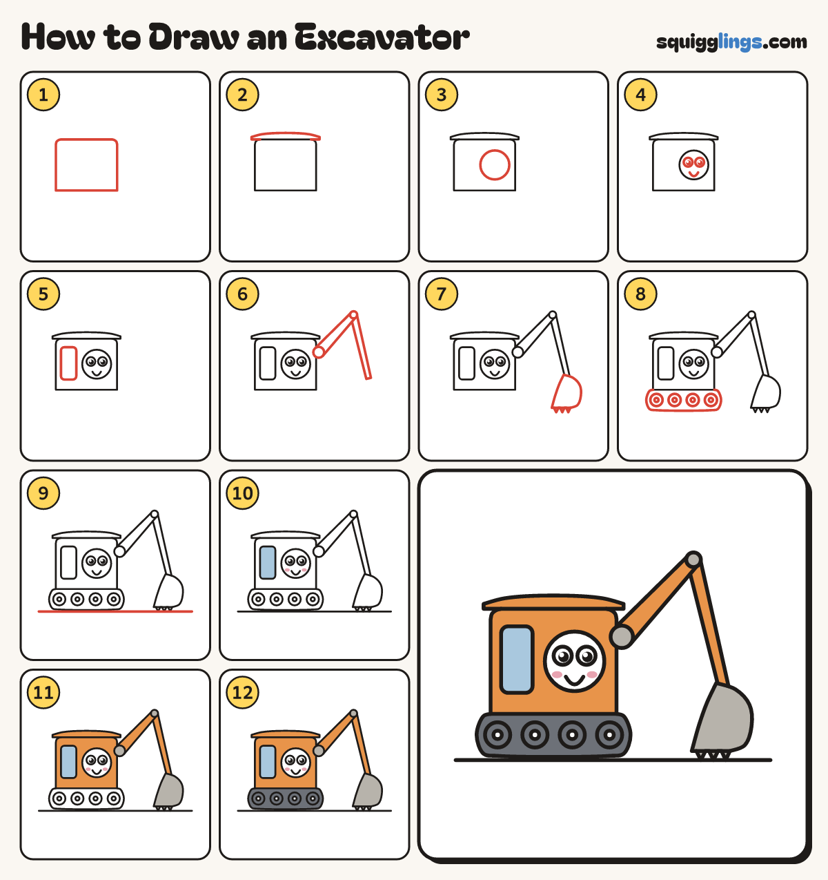 How to Draw an Excavator step by step: all 12 steps in one picture