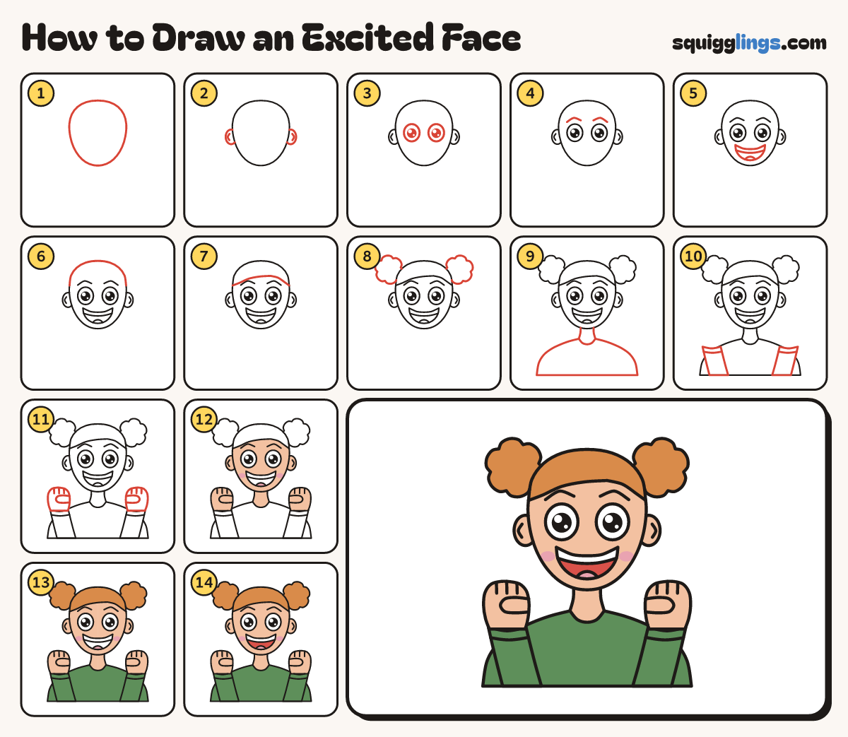 How to Draw an Excited Face step by step: all 14 steps in one picture