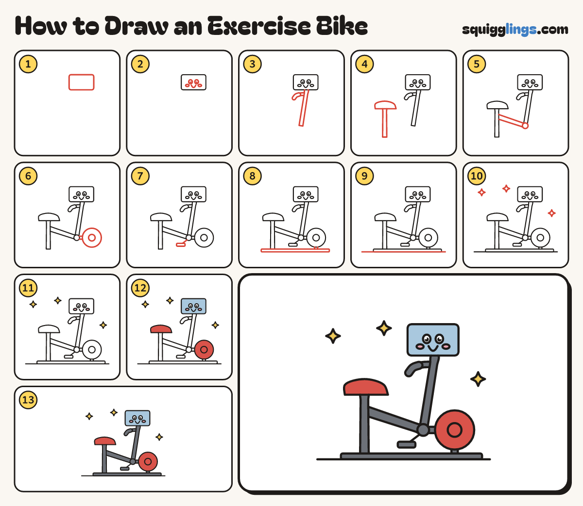 How to Draw an Exercise Bike step by step: all 13 steps in one picture