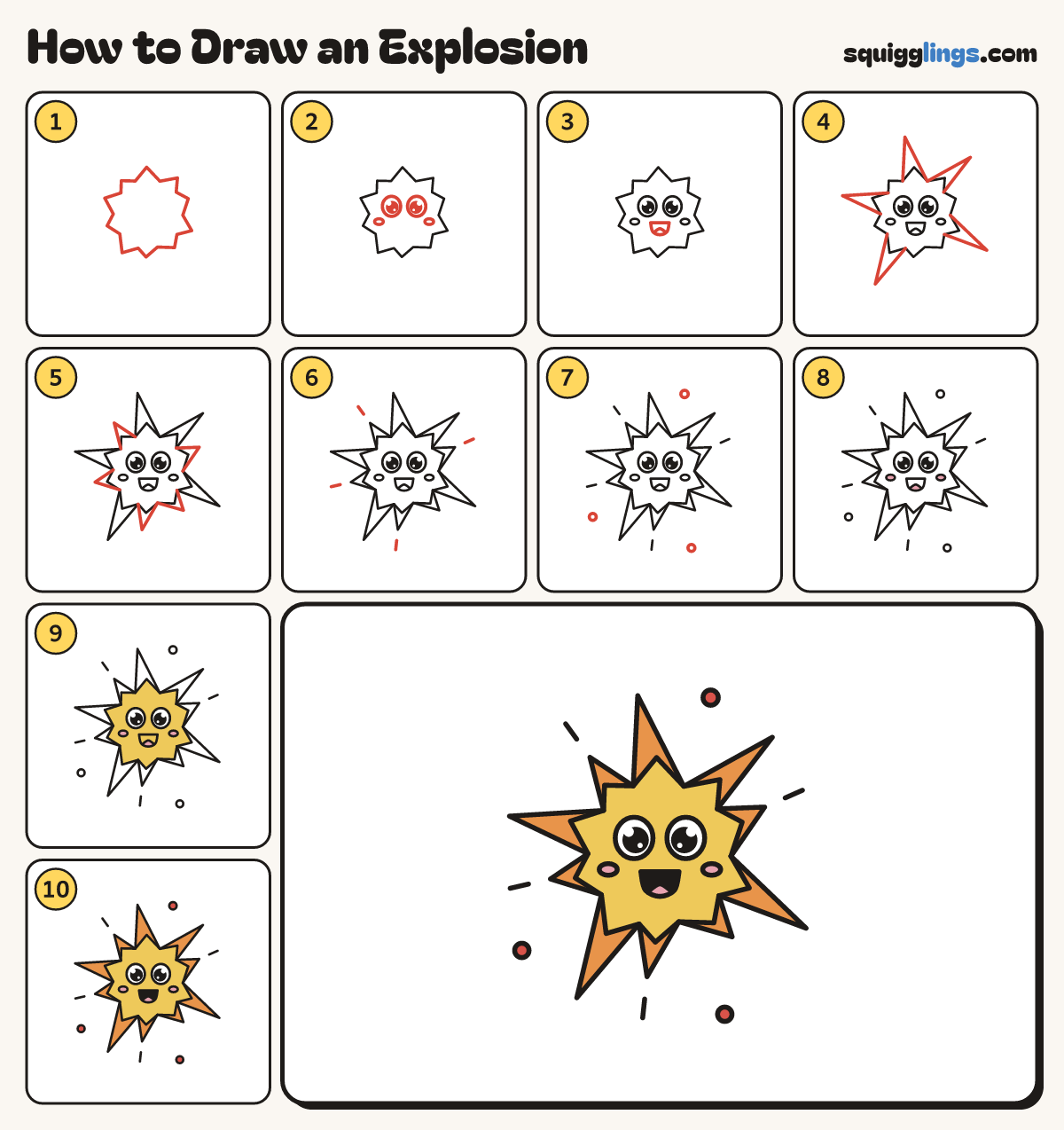 How to Draw an Explosion step by step: all 10 steps in one picture