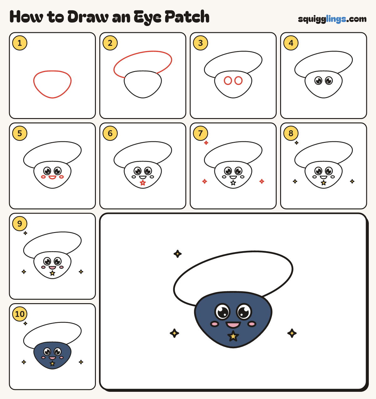 How to Draw an Eye Patch step by step: all 10 steps in one picture