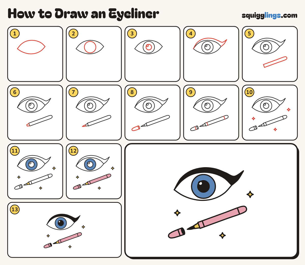How to Draw an Eyeliner step by step: all 13 steps in one picture