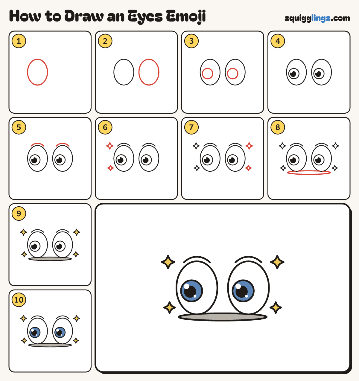 How to Draw an Eyes Emoji step by step: all 10 steps in one picture