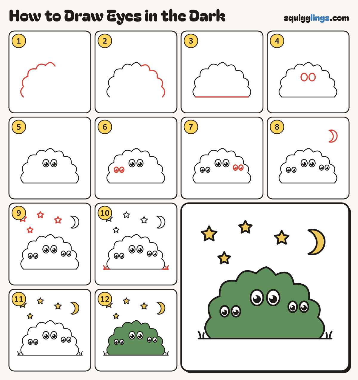 How to Draw Eyes in the Dark step by step: all 12 steps in one picture