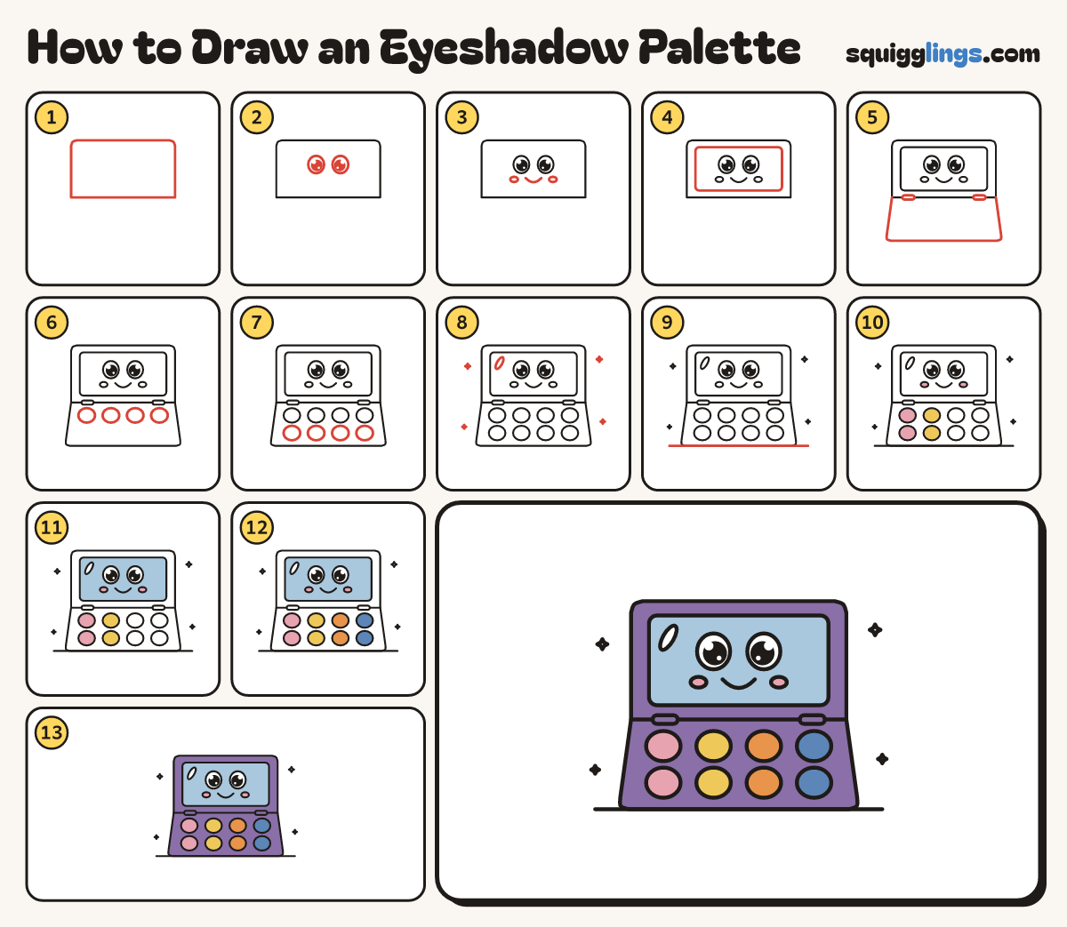 How to Draw an Eyeshadow Palette step by step: all 13 steps in one picture