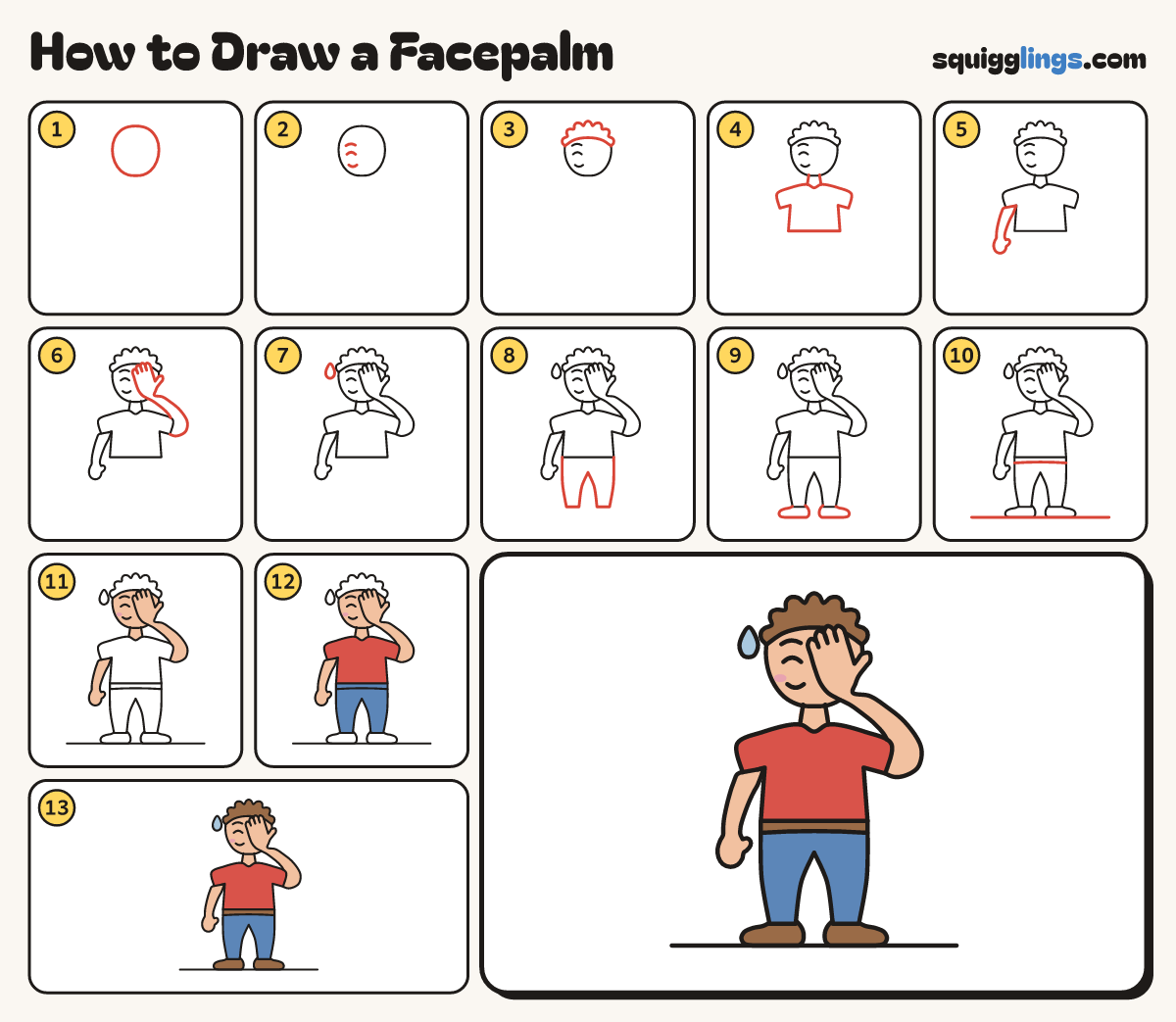 How to Draw a Facepalm step by step: all 13 steps in one picture