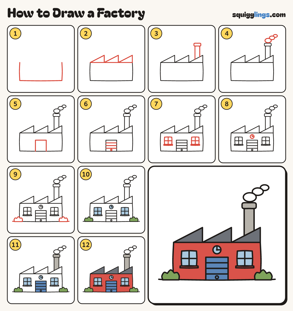 How to Draw a Factory step by step: all 12 steps in one picture