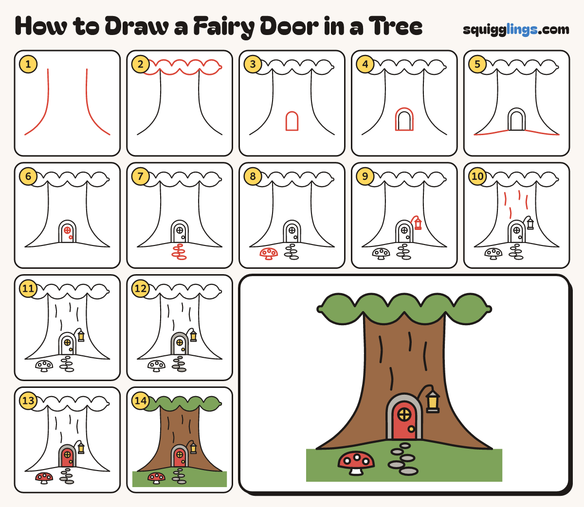 How to Draw a Fairy Door in a Tree step by step: all 14 steps in one picture