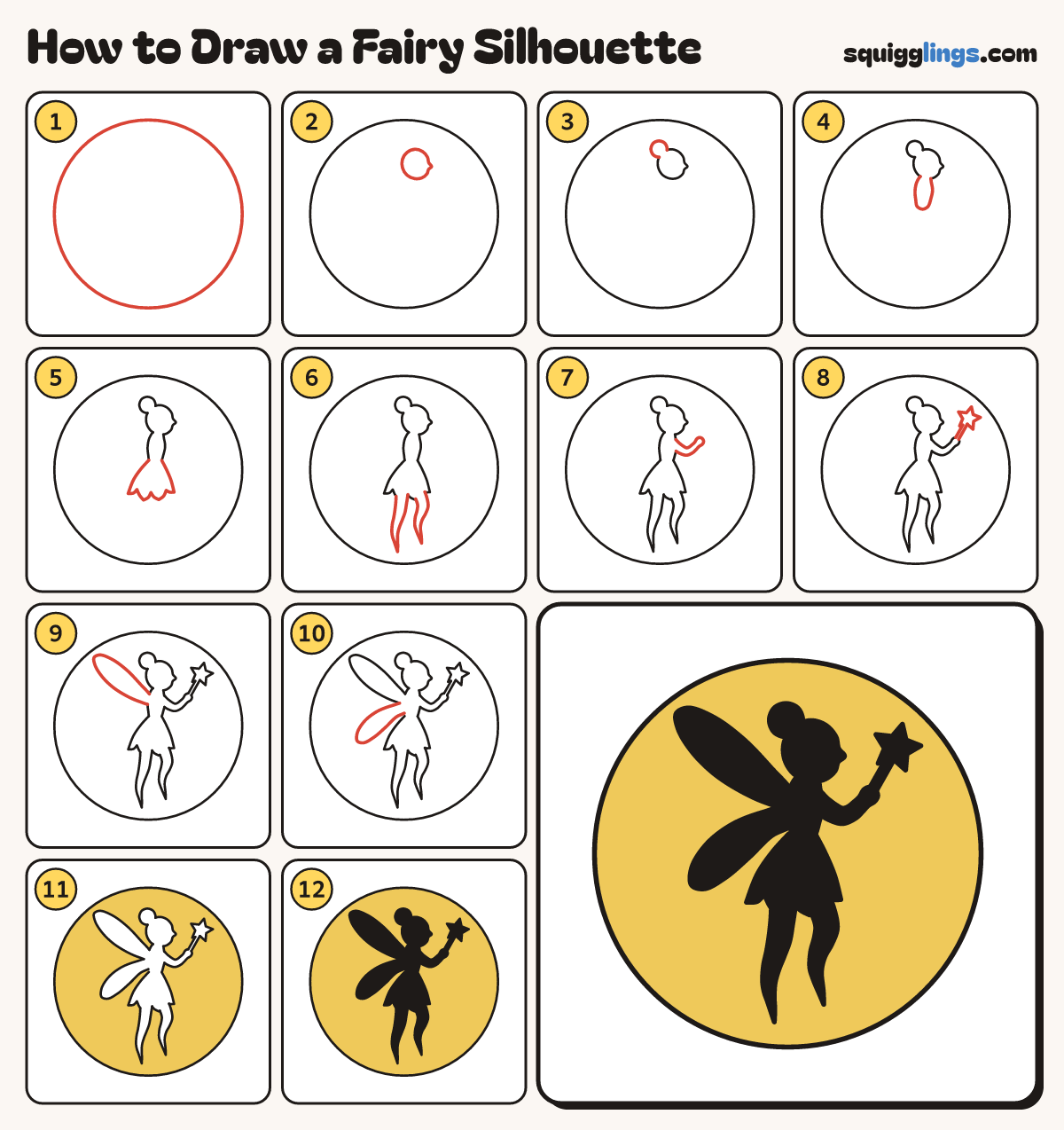 How to Draw a Fairy Silhouette step by step: all 12 steps in one picture