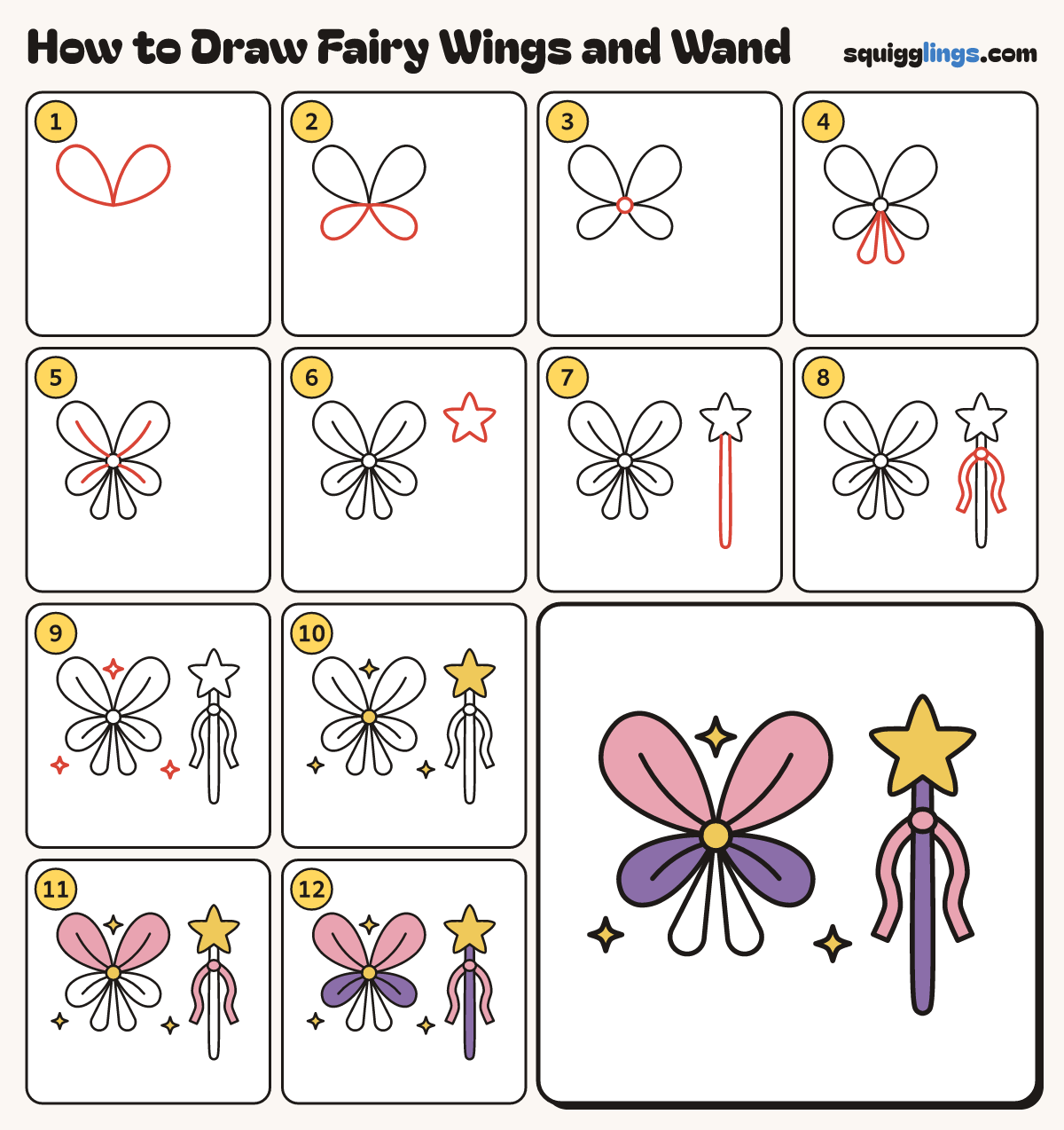 How to Draw Fairy Wings and Wand step by step: all 12 steps in one picture
