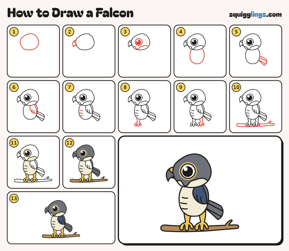 How to Draw a Falcon step by step: all 13 steps in one picture