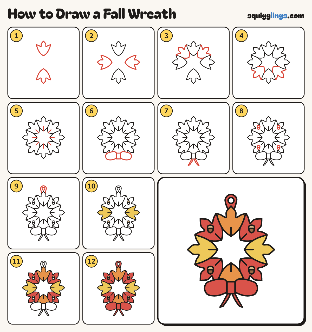 How to Draw a Fall Wreath step by step: all 12 steps in one picture