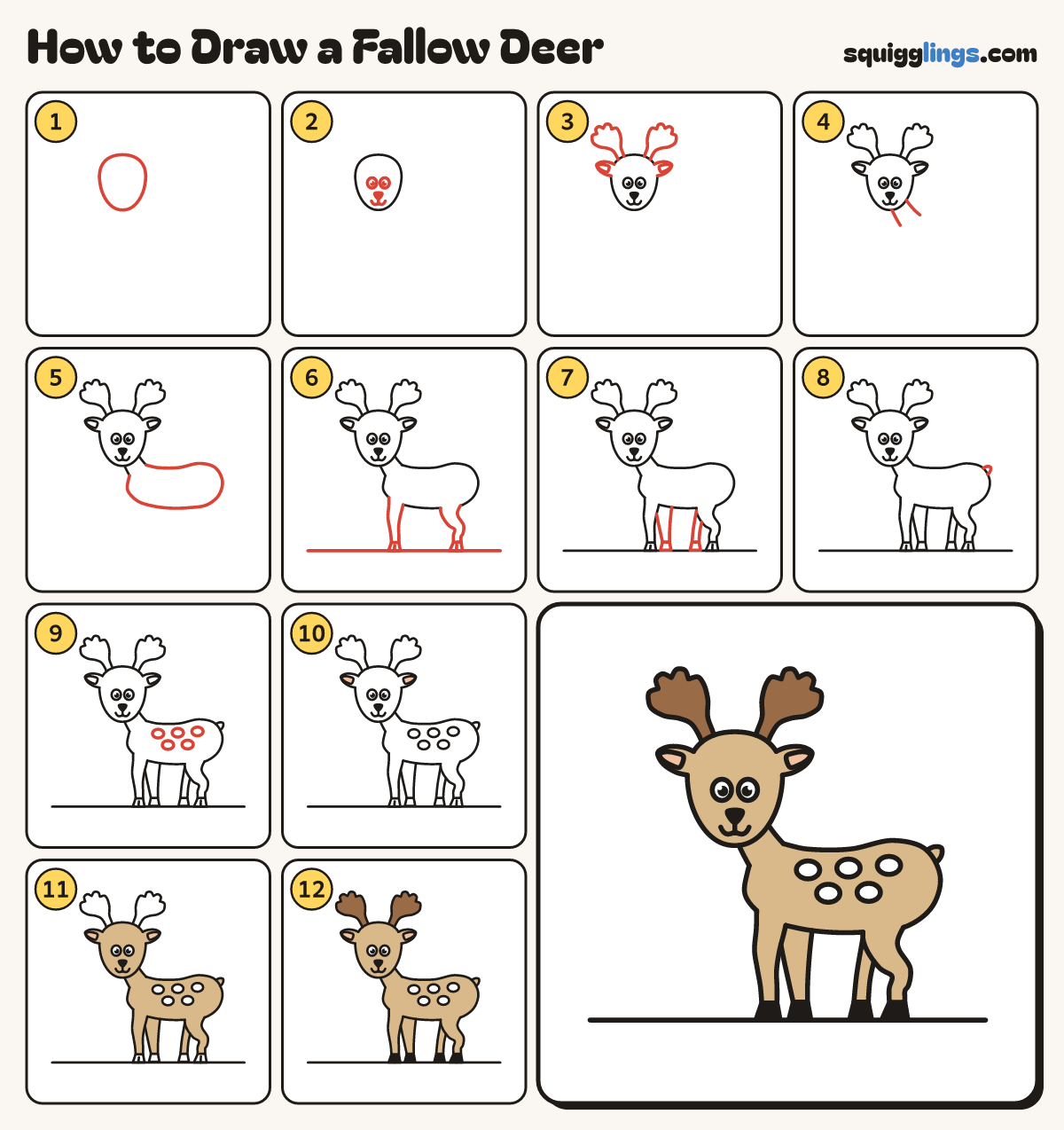 How to Draw a Fallow Deer step by step: all 12 steps in one picture