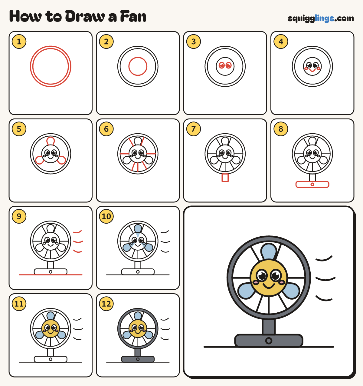 How to Draw a Fan step by step: all 12 steps in one picture
