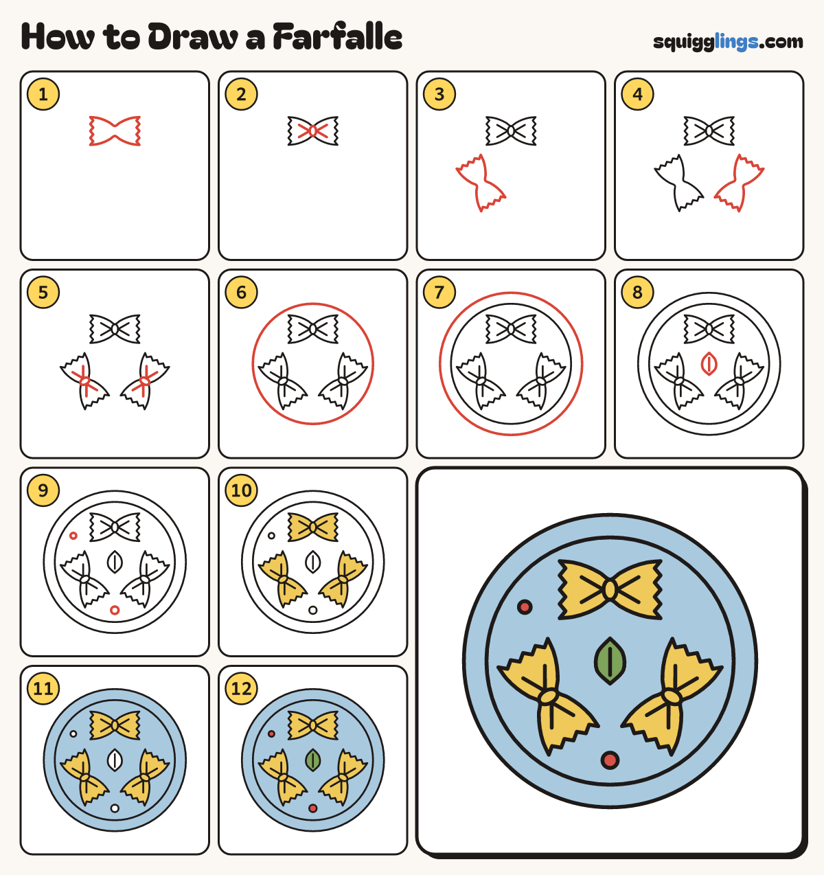 How to Draw a Farfalle step by step: all 12 steps in one picture